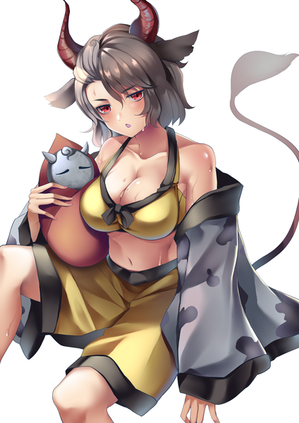 Anime picture 2894x4093 with touhou ushizaki urumi koizumo single tall image highres short hair breasts light erotic black hair simple background red eyes large breasts white background sitting animal ears tail animal tail horn (horns) :o