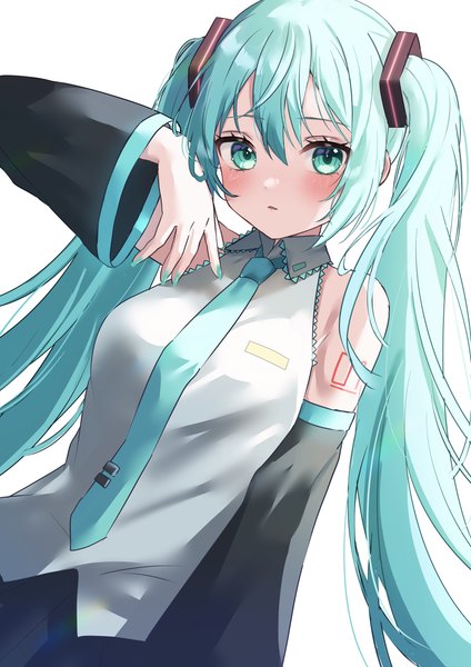 Anime picture 4491x6351 with vocaloid hatsune miku shinzousan single long hair tall image blush fringe highres simple background hair between eyes white background twintails absurdres nail polish aqua eyes aqua hair aqua nail polish girl detached sleeves