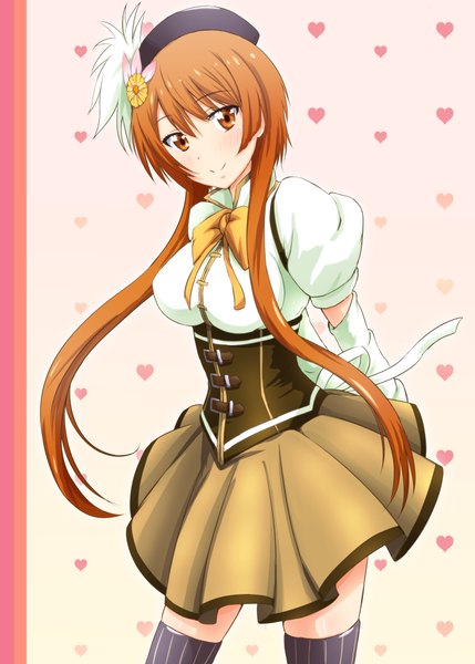 Anime picture 755x1056 with mahou shoujo madoka magica nisekoi shaft (studio) tachibana marika diesel-turbo single long hair tall image looking at viewer smile brown hair twintails brown eyes cosplay tomoe mami (cosplay) girl thighhighs dress detached sleeves heart