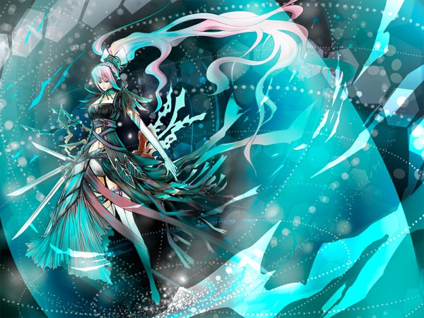 Anime picture 1024x768 with vocaloid megurine luka kaworu yanos single blue eyes payot pink hair full body ponytail very long hair wind alternate costume alternate hairstyle girl thighhighs gloves weapon sword elbow gloves white gloves