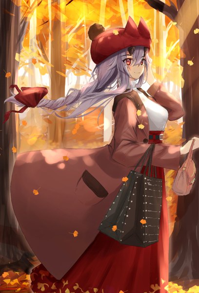 Anime picture 1047x1539 with fate (series) fate/grand order tomoe gozen (fate) liu liu single long hair tall image blush fringe smile hair between eyes red eyes standing payot looking away outdoors braid (braids) horn (horns) wind grey hair