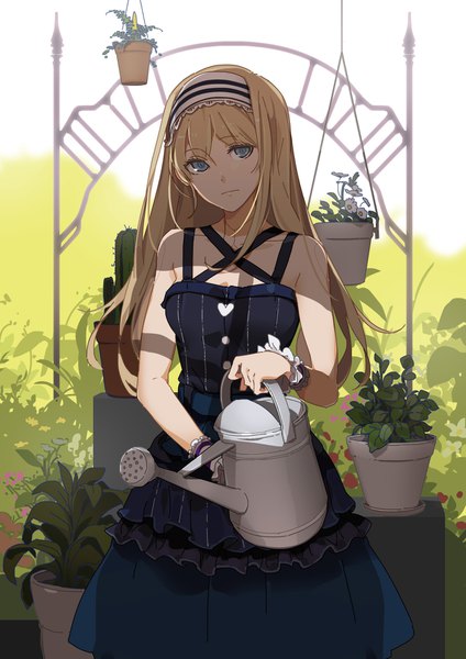Anime picture 1240x1754 with twin moons manabi (artist) single long hair tall image looking at viewer blue eyes blonde hair holding head tilt shadow sleeveless girl dress plant (plants) heart hairband black dress leaf (leaves) potted plant