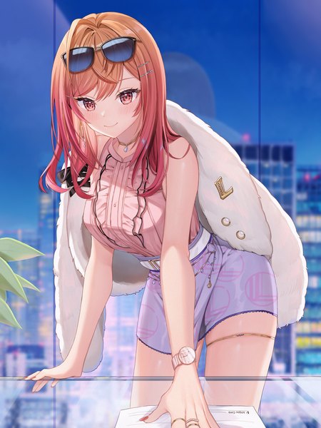 Anime picture 3000x4000 with virtual youtuber hololive hololive dev is ichijou ririka runlan 0329 single long hair tall image highres smile indoors pink eyes orange hair leaning leaning forward sleeveless sunglasses on head clothes on shoulders girl skirt