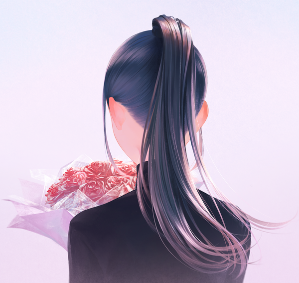 Anime picture 2703x2554 with original sousou (sousouworks) single long hair highres black hair simple background upper body ponytail from behind pink background girl flower (flowers) rose (roses) turtleneck bouquet red rose
