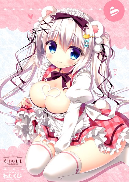 Anime picture 700x991 with original sasai saji single long hair tall image looking at viewer blush breasts blue eyes light erotic large breasts twintails white hair valentine girl thighhighs dress bow ribbon (ribbons) hair bow
