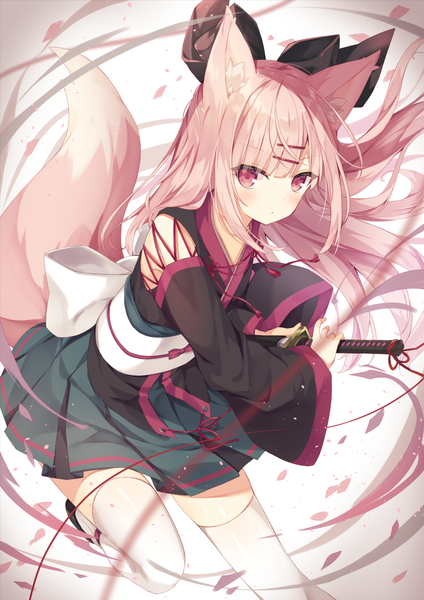 Anime picture 848x1200 with original hoshi (snacherubi) single long hair tall image looking at viewer blush fringe simple background standing holding animal ears payot pink hair tail blunt bangs traditional clothes japanese clothes animal tail pleated skirt