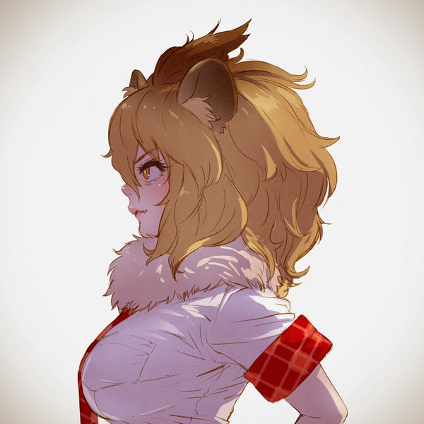 Anime picture 1920x1920 with kemono friends lion (kemono friends) takami masahiro single blush fringe highres short hair breasts simple background blonde hair hair between eyes brown eyes animal ears profile short sleeves fang (fangs) fur trim lion ears girl