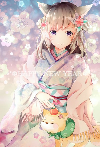 Anime picture 1217x1796 with final fantasy final fantasy xiv square enix miqo'te sakura mochiko single long hair tall image looking at viewer blush smile brown hair sitting animal ears tail traditional clothes japanese clothes animal tail hair flower cat ears