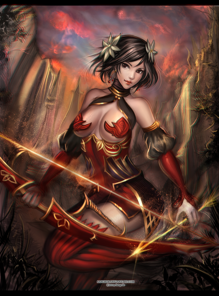 Anime picture 1170x1580 with sangrde single tall image short hair breasts light erotic black hair brown eyes looking away girl weapon detached sleeves bow (weapon) arrow (arrows)