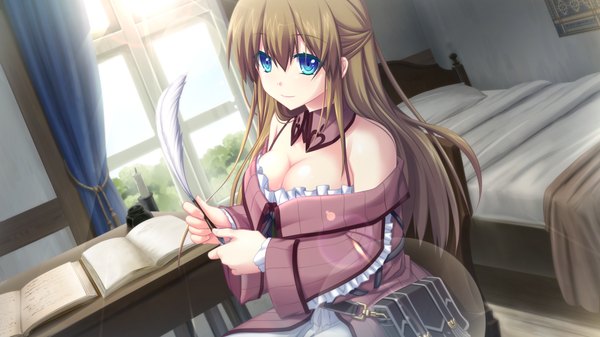 Anime picture 1280x720 with tenbin no la dea eushully single long hair blue eyes brown hair wide image sitting game cg cleavage girl dress window bed feather (feathers)