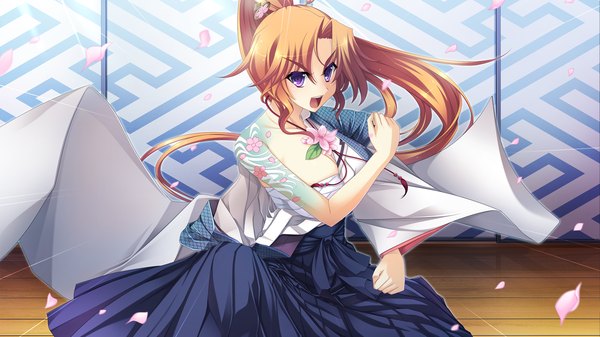 Anime picture 1280x720 with appare! tenka gomen katagiri hinata long hair open mouth wide image purple eyes game cg ponytail traditional clothes orange hair tattoo girl petals