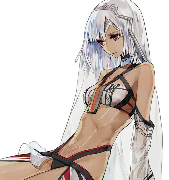 Anime picture 1000x1062 with fate (series) fate/grand order altera (fate) mo (mocopo) single tall image fringe short hair light erotic simple background red eyes white background sitting looking away silver hair dark skin girl detached sleeves veil