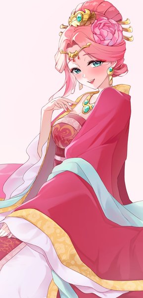 Anime picture 1855x3855 with kusuriya no hitorigoto gyokuyou (kusuriya no hitorigoto) yooonei single long hair tall image looking at viewer blush highres open mouth blue eyes simple background pink hair traditional clothes :d hair flower chinese clothes girl hair ornament flower (flowers)