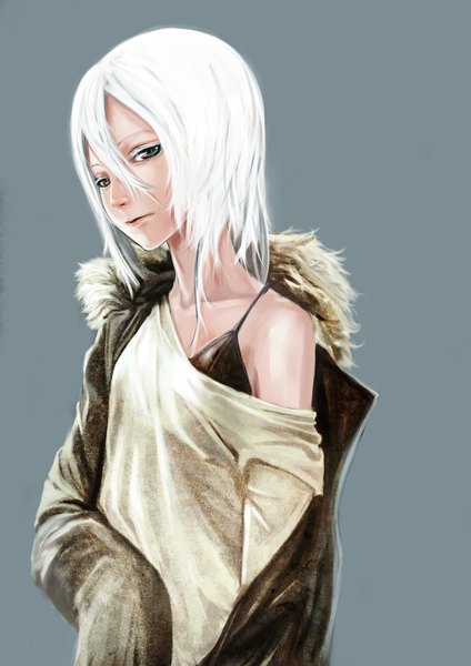 Anime picture 1447x2046 with original yoshifumi (4423) single long hair tall image looking at viewer simple background brown eyes white hair grey background hands in sleeves girl jacket lingerie bra fur black bra