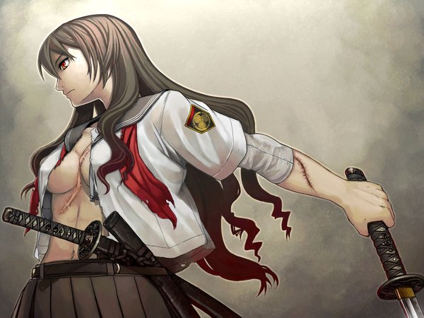 Anime picture 1500x1125 with itou (onsoku tassha) long hair breasts light erotic red eyes brown hair large breasts open clothes open shirt torn clothes scar skirt uniform school uniform sword katana bandage (bandages) stitches