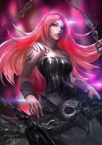 Anime picture 900x1273 with league of legends sona buvelle cglas single long hair tall image fringe breasts bare shoulders red hair fingernails lips tattoo alternate costume alternate hairstyle cosplay alternate hair color girl chain musical instrument