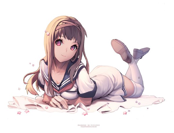 Anime picture 1152x884 with original kkuem single long hair looking at viewer simple background smile red eyes brown hair white background lying on stomach thighhighs uniform hair ornament black thighhighs school uniform petals serafuku shoes