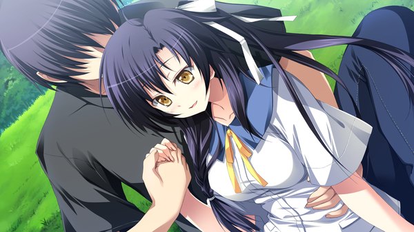 Anime picture 1280x720 with shiawase kazokubu purple software mizuki runa yuuki makoto (radiant) long hair black hair wide image yellow eyes game cg girl boy ribbon (ribbons) hair ribbon serafuku