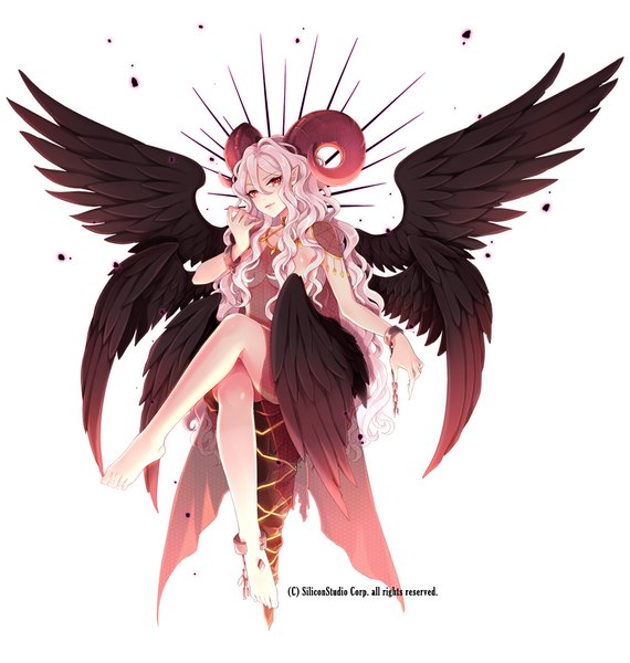 Anime picture 950x1000 with original millgua single long hair tall image looking at viewer simple background red eyes white background white hair barefoot horn (horns) pointy ears bare legs crossed legs wavy hair girl wings