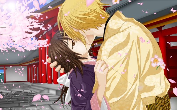 Anime picture 2560x1600 with hakuouki shinsengumi kitan studio deen chizuru yukimura chikage kazama cilou (artist) blush highres short hair blonde hair brown hair wide image brown eyes japanese clothes from behind couple hug cherry blossoms kiss architecture east asian architecture