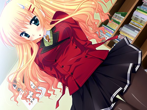 Anime picture 1024x768 with narikiri bakappuru! long hair blush blue eyes blonde hair game cg girl serafuku