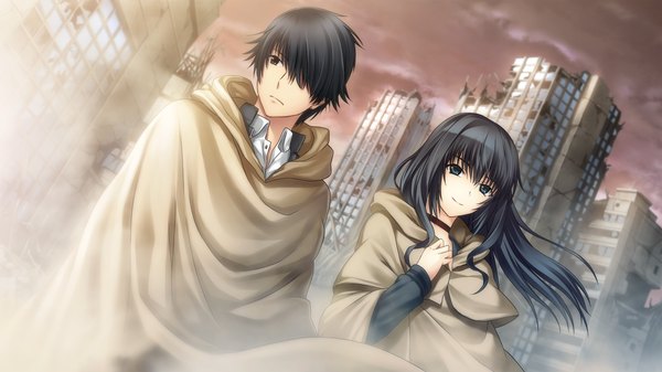 Anime picture 2048x1152 with tokyo babel long hair fringe highres short hair blue eyes black hair wide image game cg hair over one eye city ruins girl boy cape