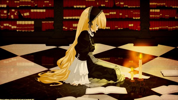 Anime picture 1920x1080 with gosick studio bones victorique de blois takeda hinata kazablanka long hair highres blonde hair wide image sitting green eyes profile loli looking down reflection vector checkered floor third-party edit lolita fashion floor