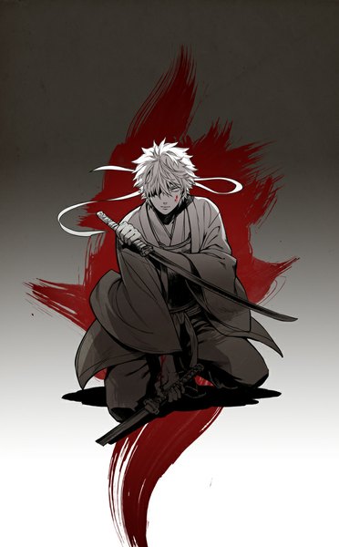 Anime picture 620x1000 with gintama sunrise (studio) sakata gintoki tkr (lovedelic99) single tall image fringe short hair simple background traditional clothes japanese clothes hair over one eye grey background monochrome squat partially colored boy weapon sword hairband