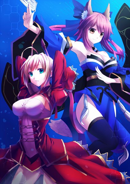 Anime picture 843x1192 with fate (series) fate/stay night fate/extra studio deen type-moon nero claudius (fate) (all) tamamo (fate) (all) nero claudius (fate) tamamo no mae (fate) pen (steelleets) long hair tall image blonde hair multiple girls brown eyes animal ears pink hair blue background underbust girl