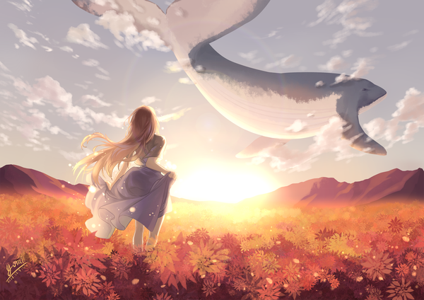 Anime picture 1600x1131 with original youzixiaoming single long hair brown hair standing signed sky cloud (clouds) outdoors wind from behind sunlight sparkle dated evening sunset horizon mountain landscape