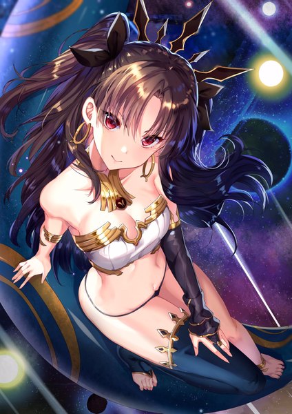Anime picture 2894x4093 with fate (series) fate/grand order ishtar (fate) shanguier single long hair tall image looking at viewer blush fringe highres breasts light erotic black hair smile hair between eyes red eyes standing cleavage full body