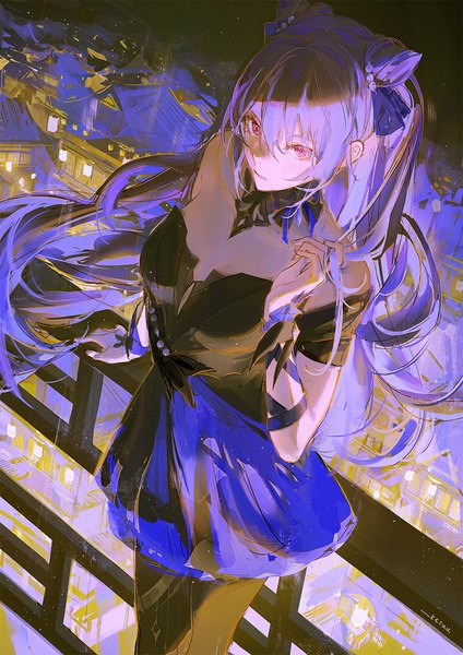 Anime picture 849x1200 with genshin impact keqing (genshin impact) keqing (opulent splendor) (genshin impact) keiuu single long hair tall image fringe hair between eyes purple eyes twintails looking away purple hair from above hair bun (hair buns) official alternate costume city cityscape girl dress