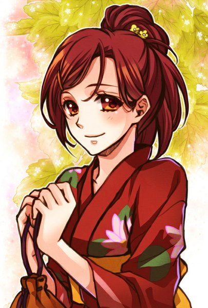 Anime picture 541x800 with free! kyoto animation matsuoka gou rio (rio 01) single long hair tall image blush smile red eyes looking away ponytail red hair traditional clothes japanese clothes girl hair ornament hairclip yukata kinchaku