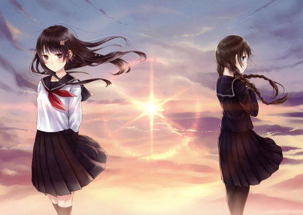 Anime picture 4254x3019 with original kazuharu kina long hair highres black hair multiple girls brown eyes absurdres sky cloud (clouds) braid (braids) wind twin braids evening sunset girl hair ornament 2 girls serafuku hairclip