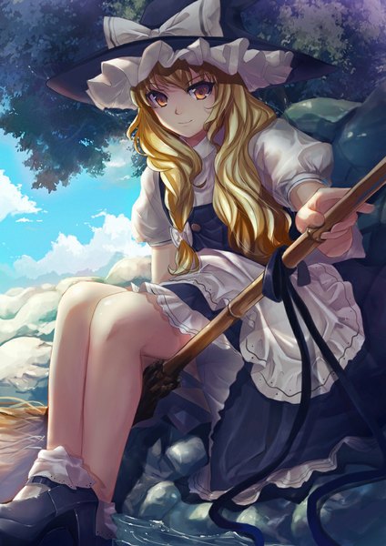 Anime picture 827x1169 with touhou kirisame marisa sola (sola04) single long hair tall image looking at viewer blonde hair smile yellow eyes sky cloud (clouds) flying witch girl ribbon (ribbons) plant (plants) tree (trees) socks white socks