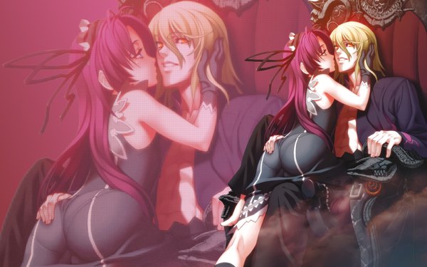 Anime picture 1440x900 with demonbane etheldreda master therion long hair short hair blue eyes light erotic blonde hair red eyes wide image ahoge red hair couple zoom layer girl boy gloves
