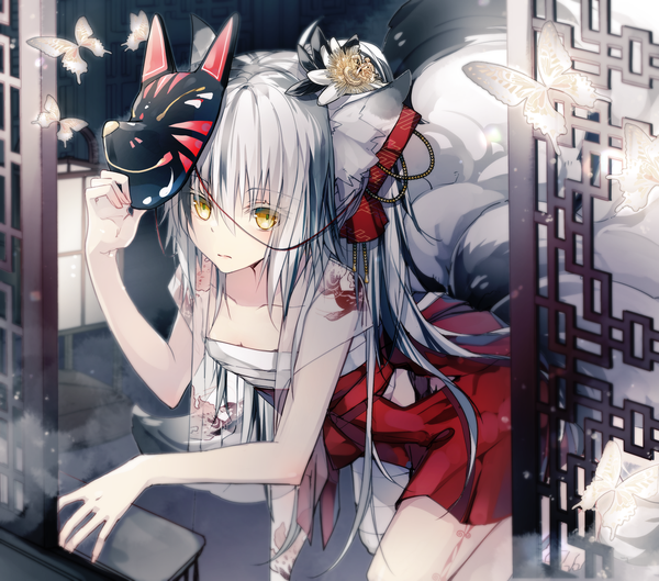 Anime picture 1500x1323 with original numikko single long hair looking at viewer fringe hair between eyes animal ears yellow eyes silver hair indoors tail traditional clothes japanese clothes animal tail fox ears kneeling fox tail fox girl multiple tails