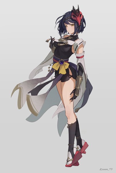 Anime picture 1682x2492 with genshin impact kujou sara sooon single tall image short hair black hair simple background standing yellow eyes looking away full body grey background mask on head girl gloves detached sleeves black gloves mask vision (genshin impact)