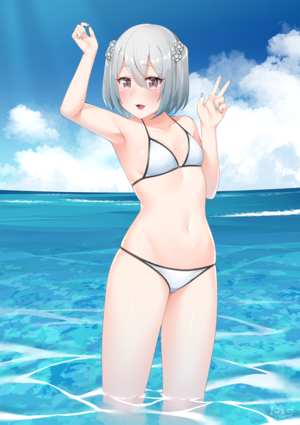 Anime picture 1000x1416 with original reverie soda single tall image blush fringe short hair breasts light erotic hair between eyes purple eyes looking away sky silver hair cloud (clouds) nail polish two side up sideboob partially submerged victory