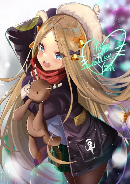 Anime picture 1339x1894 with fate (series) fate/grand order abigail williams (fate) zotari single long hair tall image blush open mouth blue eyes blonde hair from above open jacket teeth hand on head new year happy new year hair bell 2019 girl