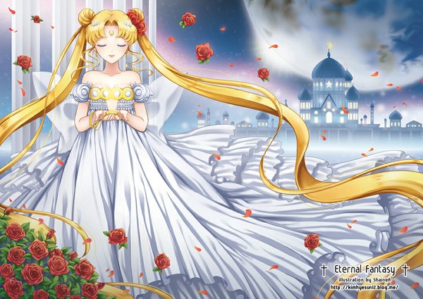 Anime picture 1025x725 with bishoujo senshi sailor moon toei animation tsukino usagi princess serenity shainea single long hair blonde hair twintails bare shoulders eyes closed girl dress hair ornament flower (flowers) petals rose (roses) castle