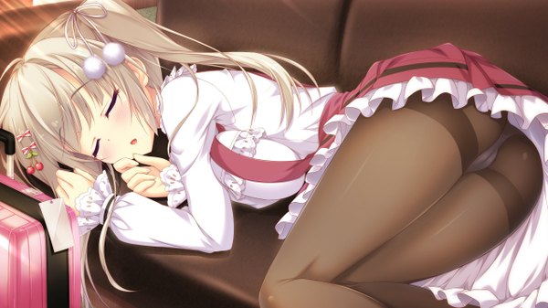 Anime picture 2560x1440 with pure x connect shinozaki ayumi (pure x connect) ameto yuki single long hair blush fringe highres breasts open mouth light erotic wide image large breasts eyes closed long sleeves grey hair cameltoe sleeping floor girl