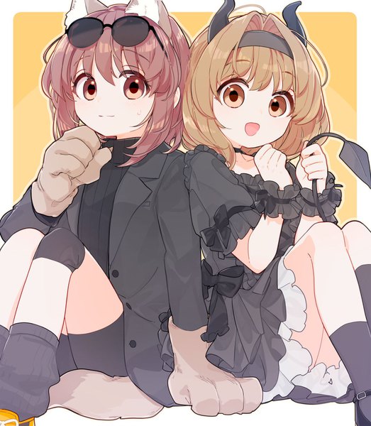 Anime picture 871x1000 with sister princess zexcs kaho (sister princess) mamoru (sister princess) koshou shichimi tall image looking at viewer blush fringe short hair open mouth simple background smile brown hair sitting multiple girls brown eyes animal ears bent knee (knees) tail