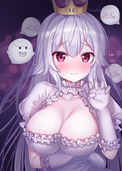 Anime picture 1480x2071 with super mario bros. new super mario bros. u deluxe princess king boo boo (mario) sousouman single long hair tall image looking at viewer blush fringe breasts light erotic simple background hair between eyes large breasts standing signed cleavage silver hair