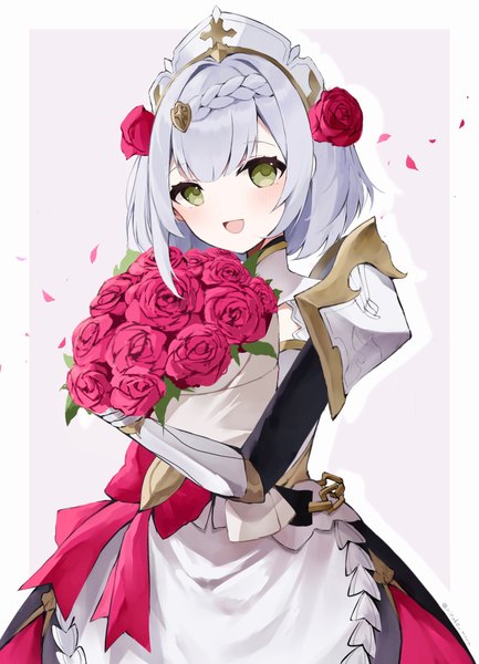 Anime picture 1755x2432 with genshin impact noelle (genshin impact) nirako mona single tall image looking at viewer highres short hair open mouth simple background green eyes silver hair :d hair flower border outside border girl flower (flowers) armor rose (roses)