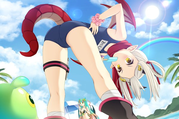 Anime picture 1800x1200 with monmusu harem kinako (monmusu harem) namaru (summer dandy) long hair fringe highres breasts open mouth light erotic standing multiple girls holding green eyes yellow eyes sky cleavage cloud (clouds) ass outdoors white hair