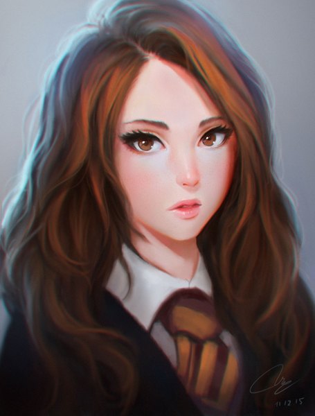 Anime picture 1139x1500 with harry potter hermione granger chaosringen single long hair tall image looking at viewer simple background brown hair brown eyes signed parted lips lips realistic grey background wavy hair eyebrows girl uniform school uniform