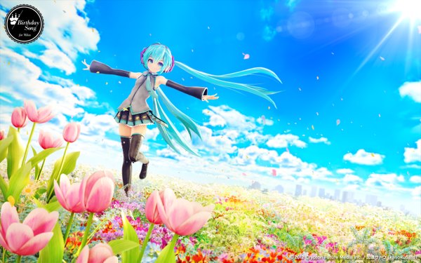 Anime picture 5760x3600 with vocaloid hatsune miku chuukarudoruhu single long hair highres wide image twintails absurdres sky cloud (clouds) pleated skirt aqua eyes sunlight aqua hair spread arms 3d girl thighhighs flower (flowers)