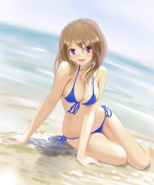 Anime picture 833x1000 with original hiroki shin single long hair tall image looking at viewer blush fringe breasts open mouth light erotic smile hair between eyes brown hair large breasts sitting purple eyes bare shoulders sky cleavage