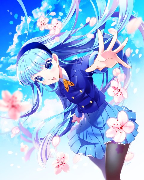 Anime picture 799x1000 with magic knight rayearth clamp ryuuzaki umi iyutani single long hair tall image looking at viewer fringe open mouth blue eyes blue hair sky cloud (clouds) pleated skirt outstretched arm girl skirt uniform flower (flowers)